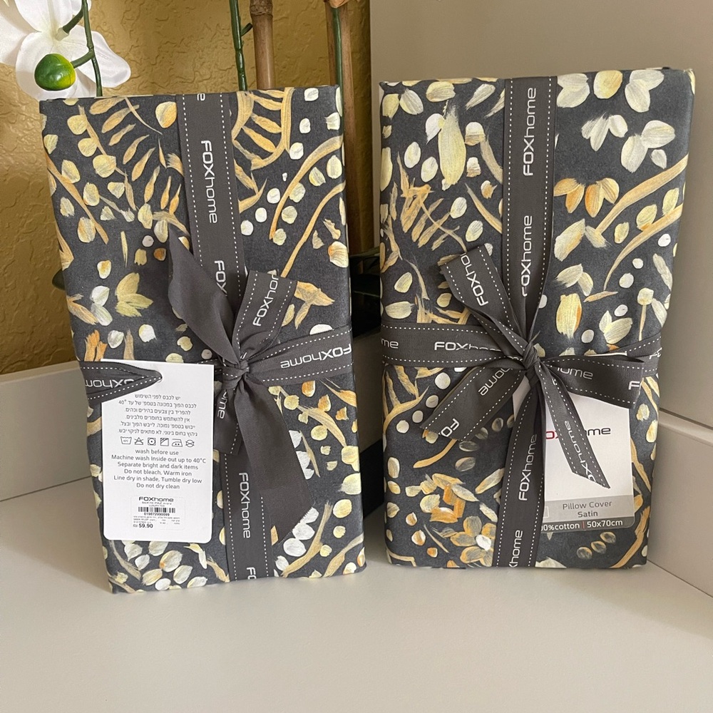 FOXHOME Satin Pillow Cover - Gray with Gold Leaf Pattern 100% Cotton